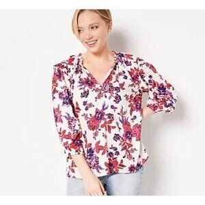 Candace Cameron Bure Printed Blouse with Ruffle Detail White X-Large